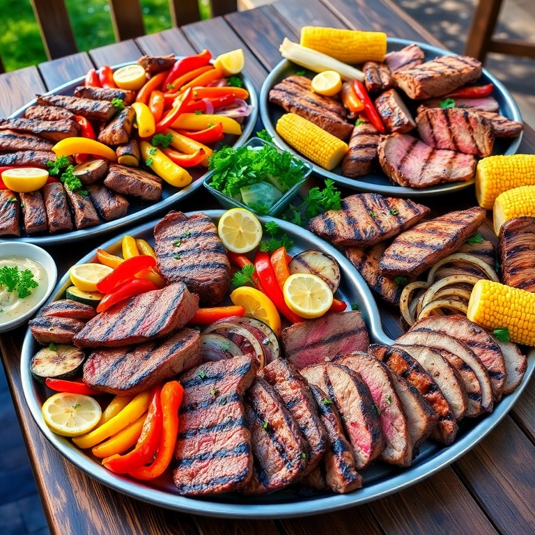 Grillparty-Buffet mit saftigem Fleisch und buntem Gemüse für 20 Gäste