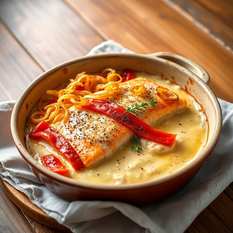 Gratinado de Salmón con Pimientos Caramelizados y Capa de Cebolla Frita