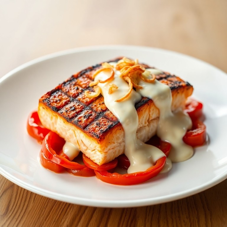Salmón a la Parrilla con Pimientos Caramelizados y Salsa Bechamel