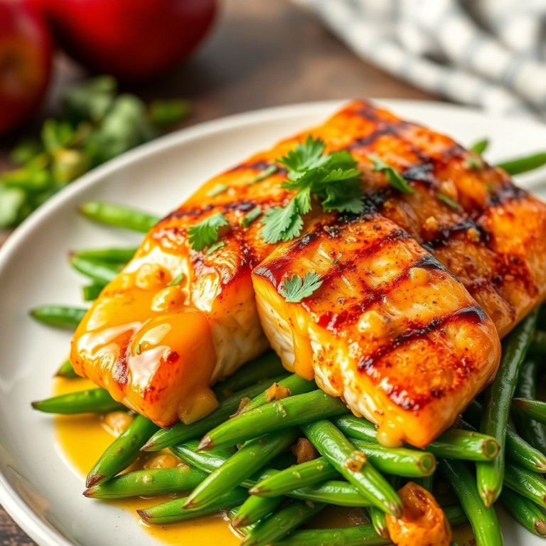 Salmón a la parrilla con salsa de mango y judías verdes