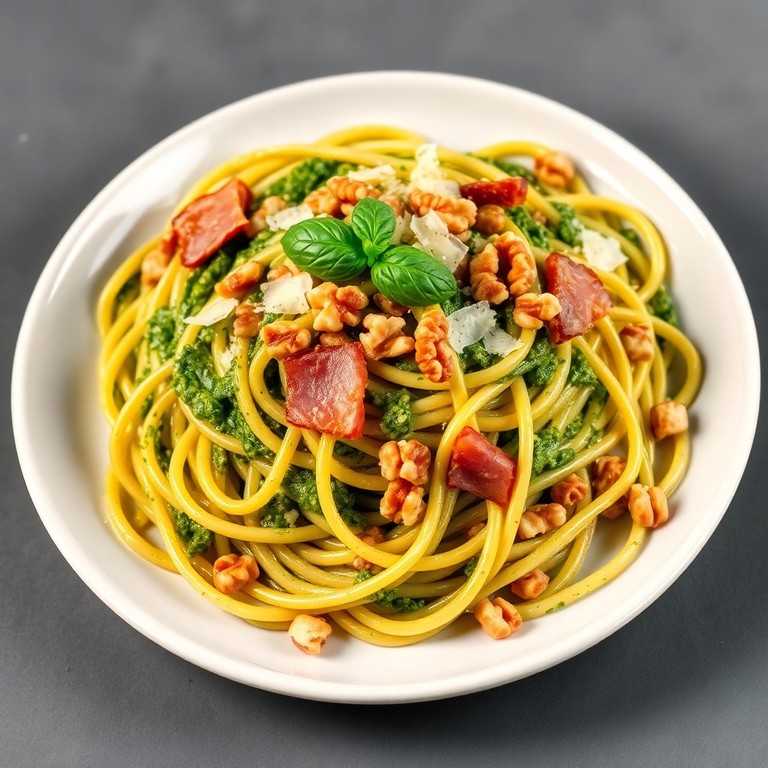 Spaghetti al Pesto di Basilico, Speck e Noci