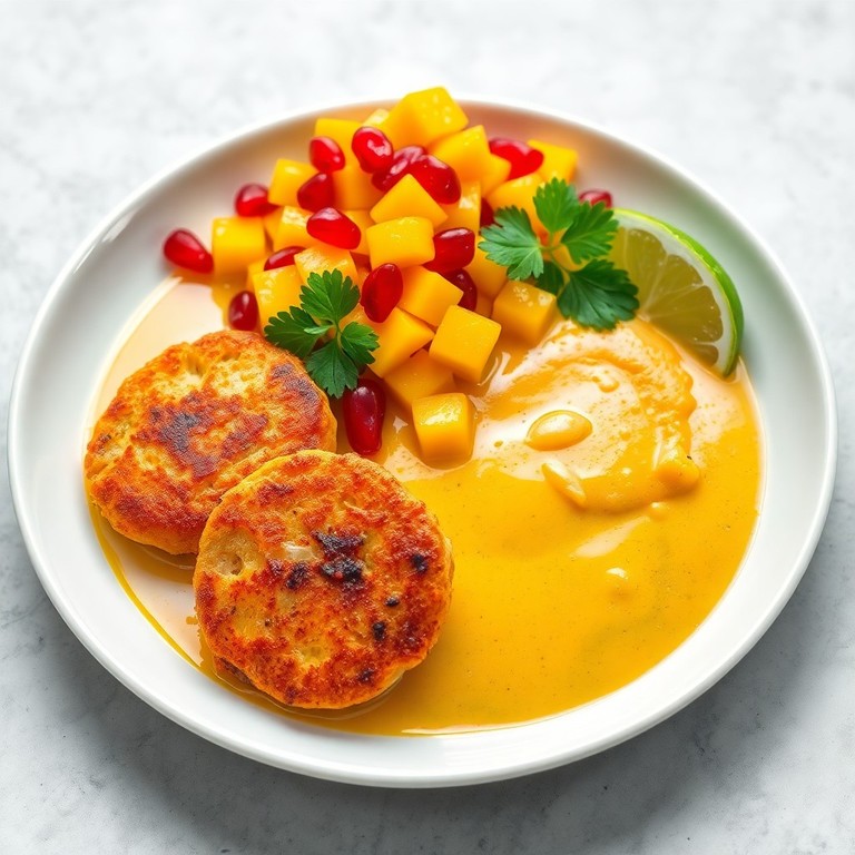 Mangosalsa med fiskbiffar i kokos-curry