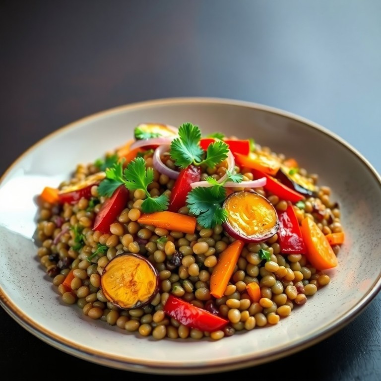 Ensalada de lentejas con verduras asadas
