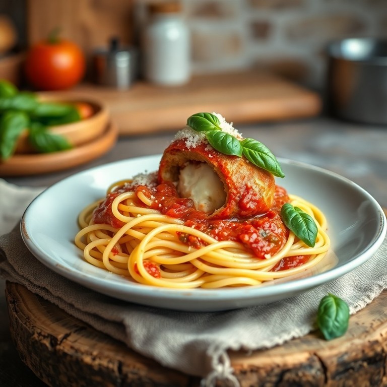Espaguete Clássico com Polpetone Recheado com Queijo Gruyère ao Molho Sugo