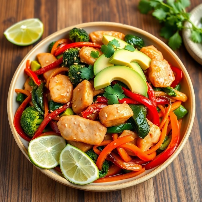 Salteado asiático de pollo con verduras, legumbres, espinacas y aguacate