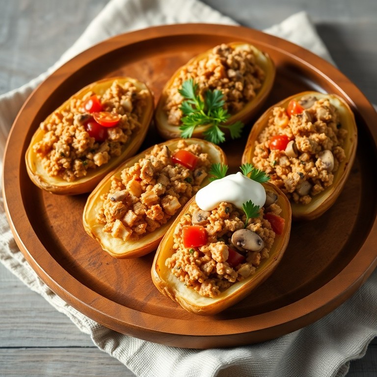 Оформление картофельных лодочек с начинкой из индейки и помидоров