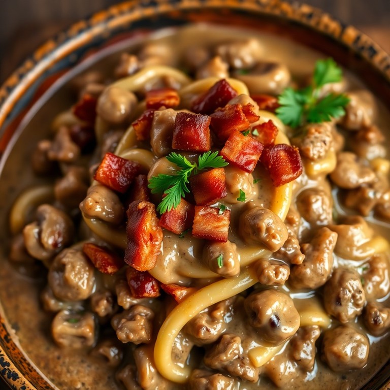 Stroganoff de Carne Moída com Bacon e Tomate