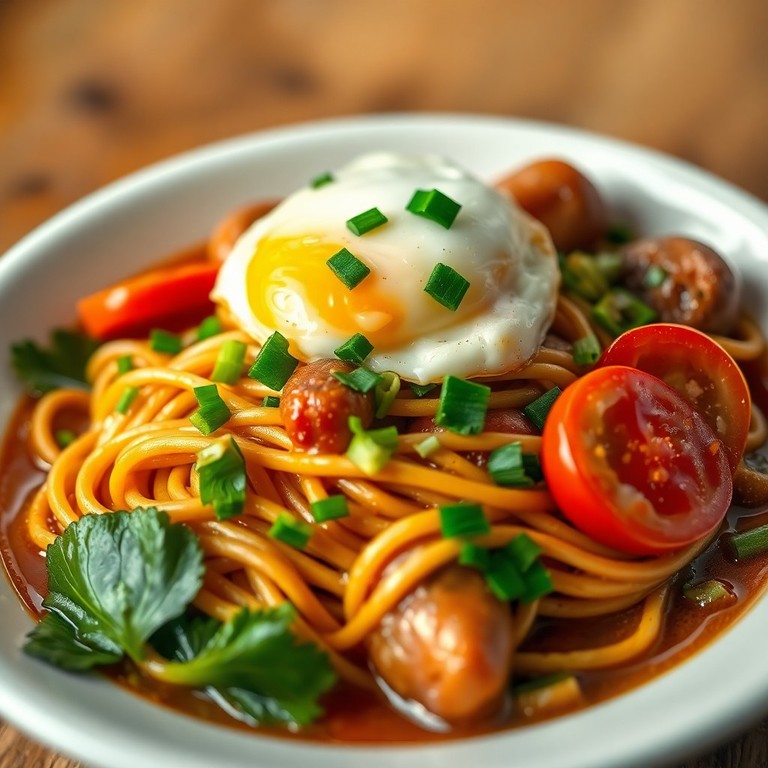 Ramen Sauté aux Champignons, Tomates et Saucisse à la Thaï