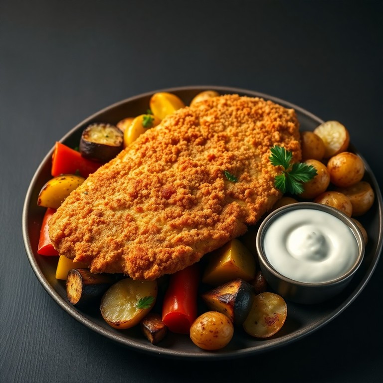 Ofen-Schnitzel mit mediterranem Gemüse und Ofenkartoffeln