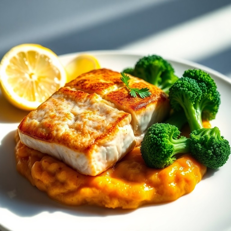 Lachsfilet mit Süßkartoffel-Püree und Brokkoli
