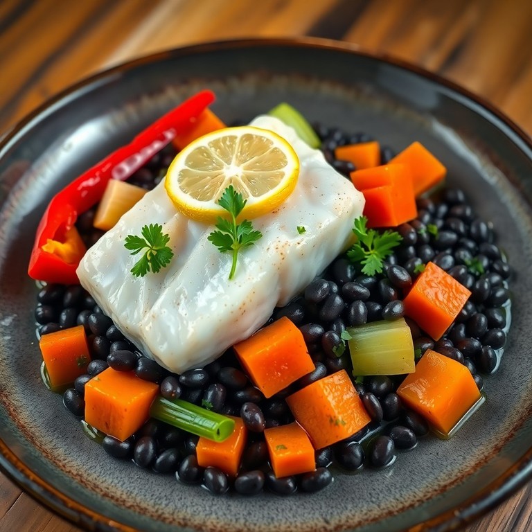 Gedünsteter Fisch mit Linsen und buntem Gemüse