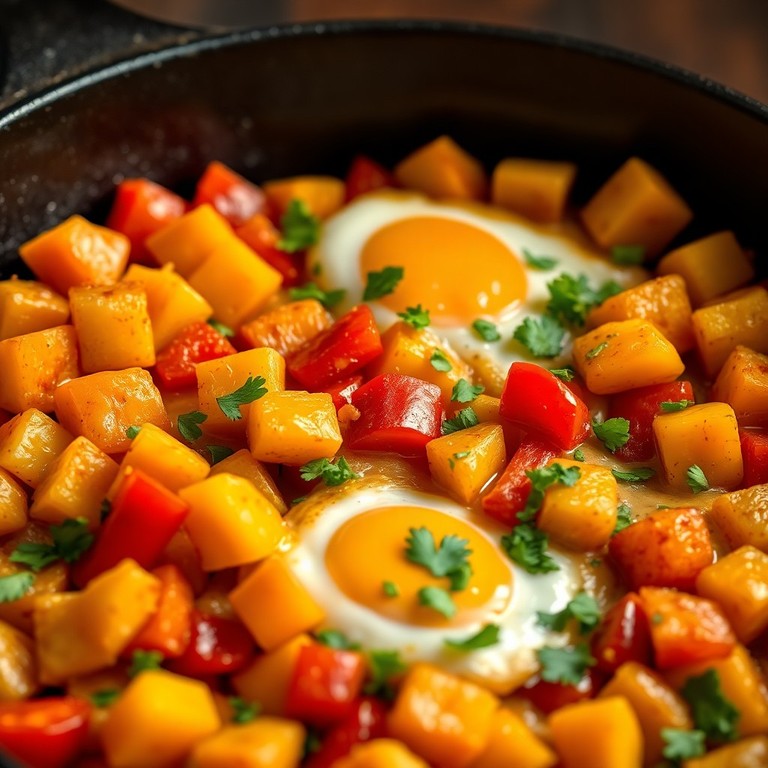 Schnelles Pfannengericht mit Ei, Kartoffeln und Paprika