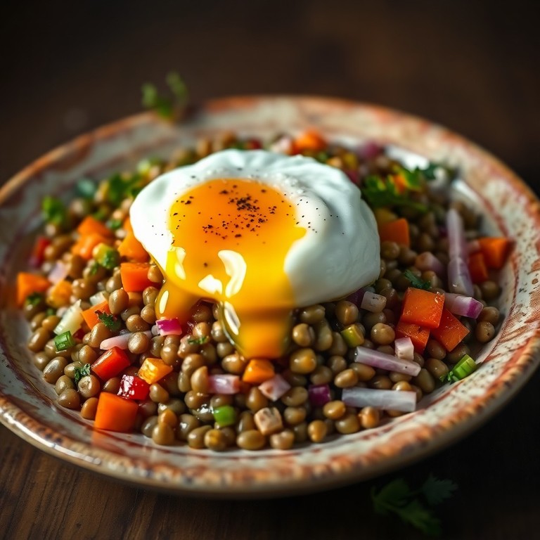 Herzhafter Linsensalat mit pochiertem Ei