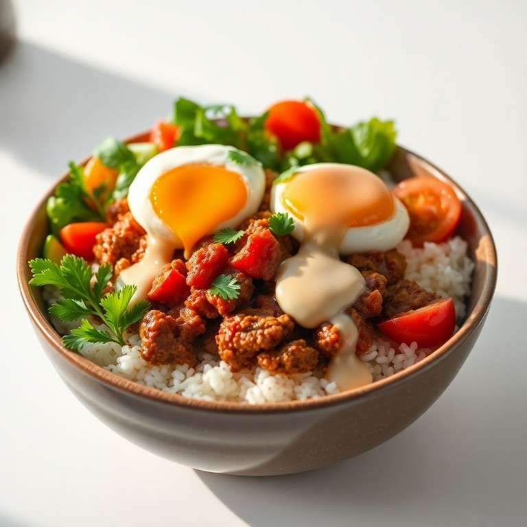 Bowl de Patinho Refogado com Arroz, Ovo Poché e Molho Cremoso de Requeijão