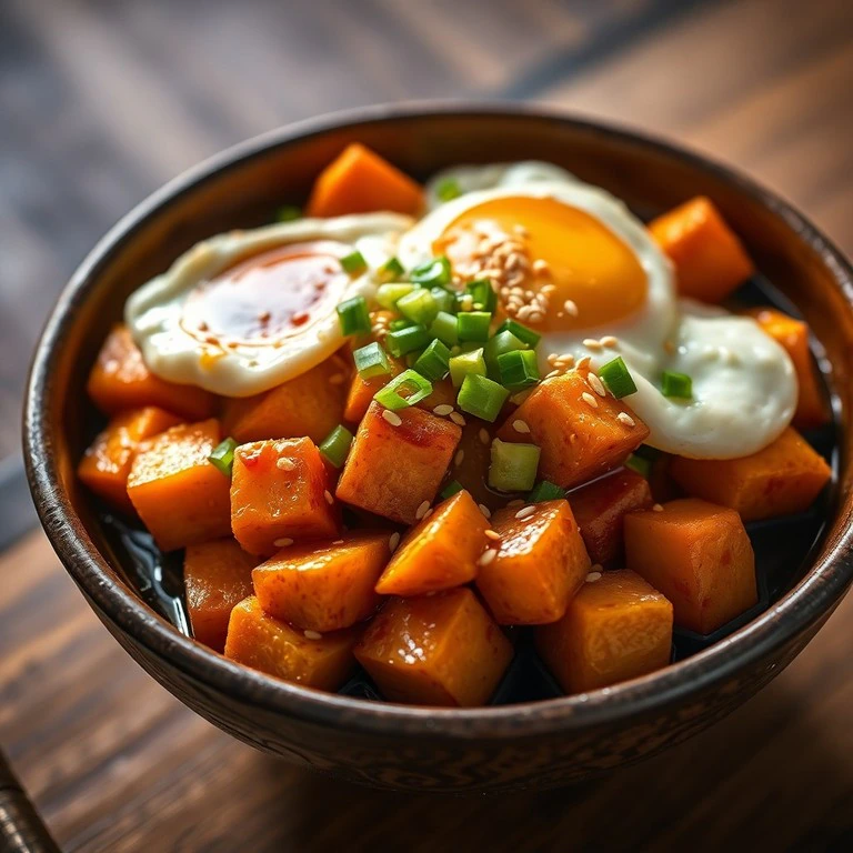 Sauté de Batata Doce, Tofu e Ovos ao Estilo Asiático