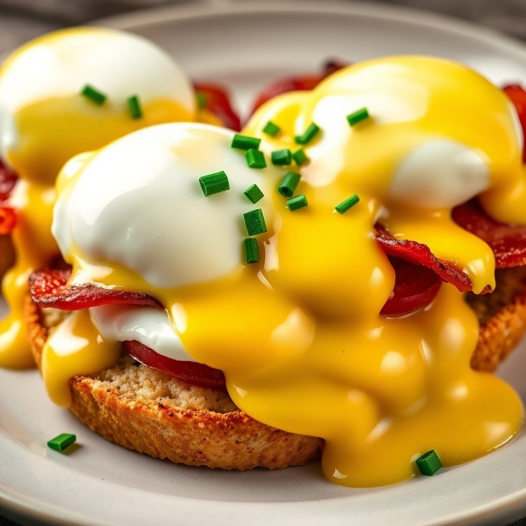 Gourmet Eggs Benedict with Crispy Bacon and Cheesy Hollandaise