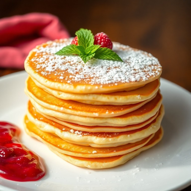 Творожные оладьи с сахарной пудрой и вареньем
