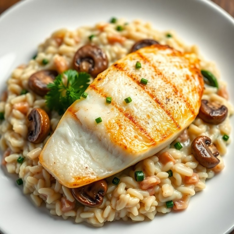 Risotto crémeux aux champignons, pleurotes et courgettes, surmonté de poisson poêlé