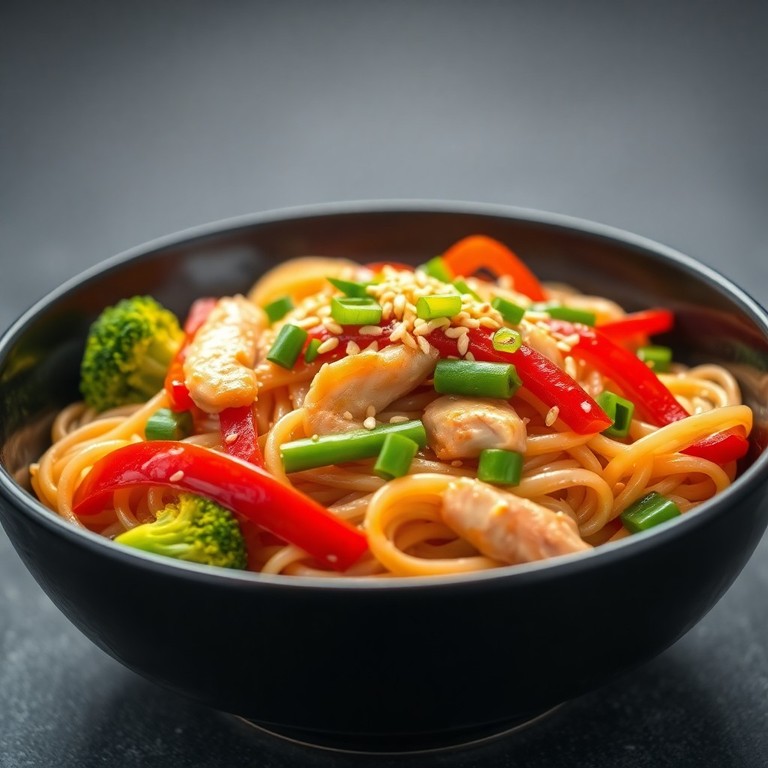 Fideos de Arroz con Pollo y Vegetales al Estilo Asiático