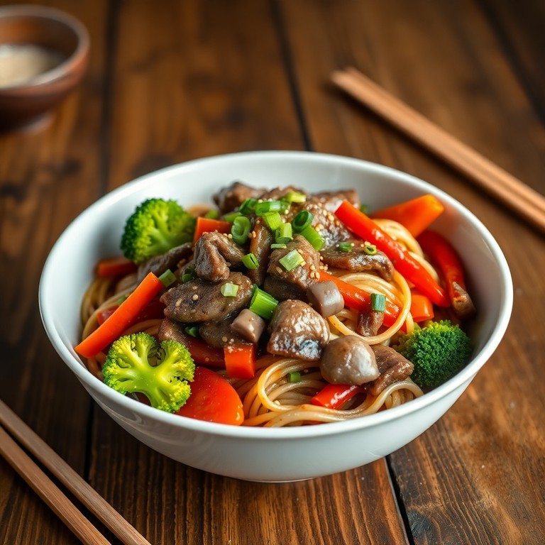 Fideos de Arroz con Ternera y Vegetales al Estilo Asiático