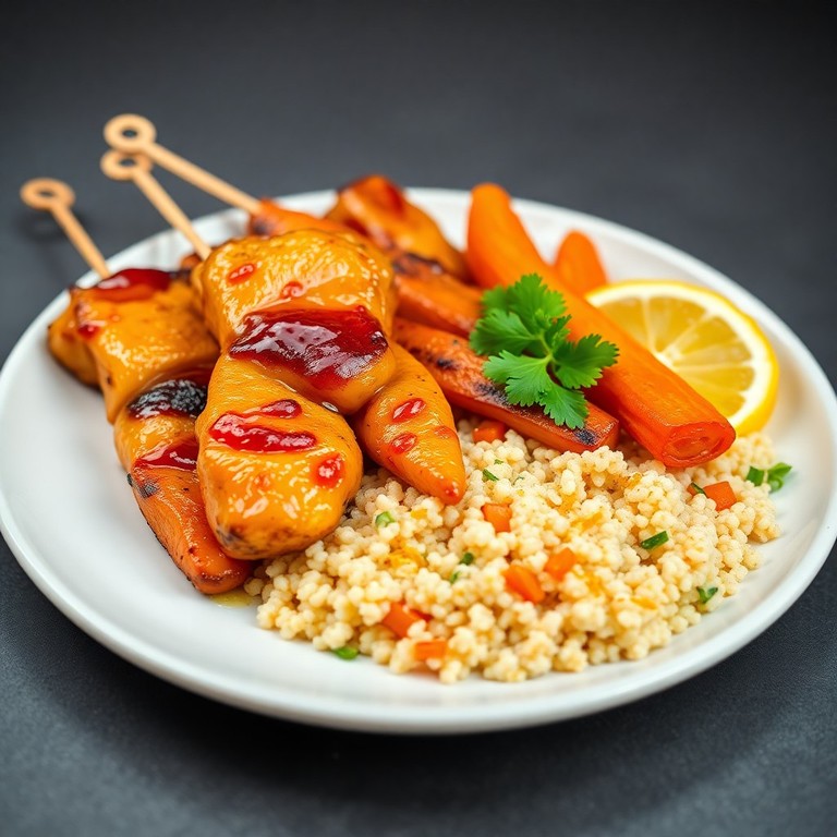 Brochettes de Poulet Asiatiques, Carottes Glacées et Couscous aux Agrumes