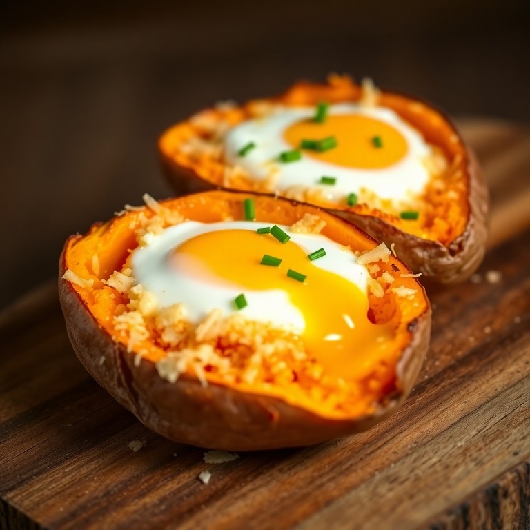 Gefüllte Süßkartoffel mit Ei und Parmesan