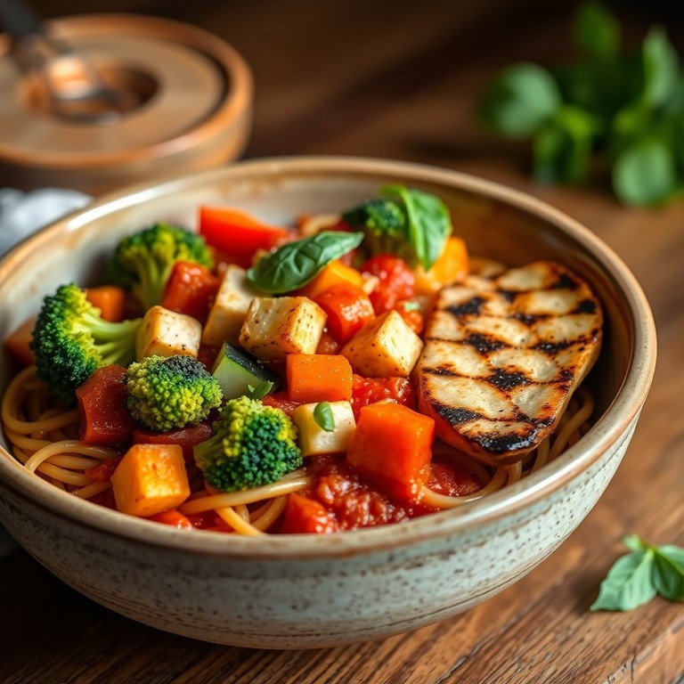 Pasta Integral con Salsa de Tomate y Verduras Asadas