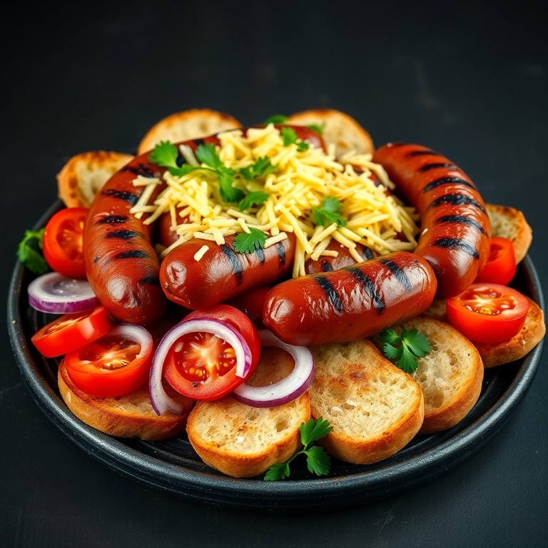 Mittelmeerischer Grillteller mit Merguez und geschmolzenem Käse