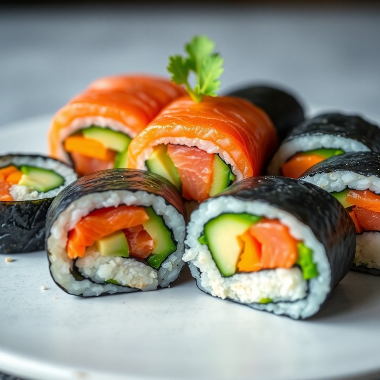 Rollos de Sashimi y Verduras Frescas en Alga Nori