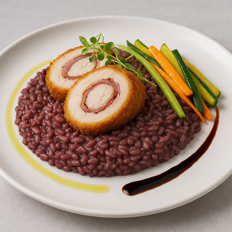 Risotto Cremoso Al Vino Con Enrollado De Pollo Con Prosciutto Y Verduras Italianas Salteadas