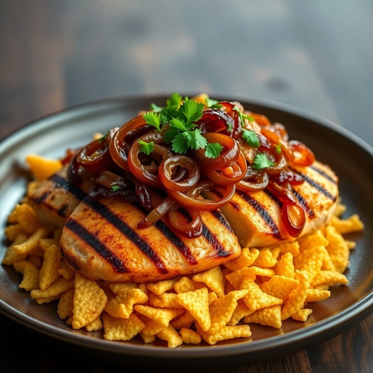 Pollo a la Parrilla con Adobo de Limón y Cebolla Caramelizada, Servido con Doritos Crujientes