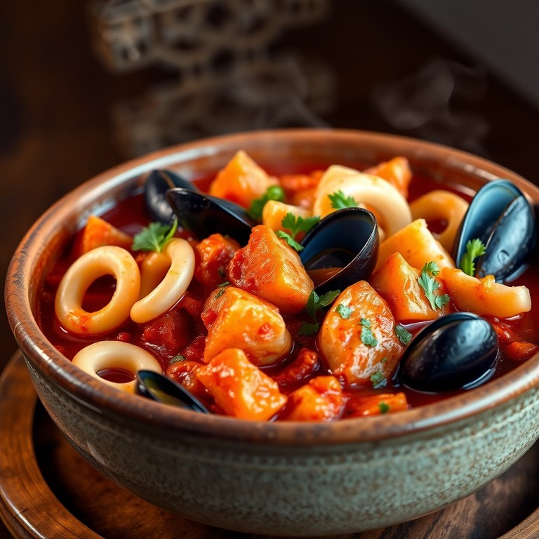 Guiso de Calamares, Mejillones y Salmón en Tomate