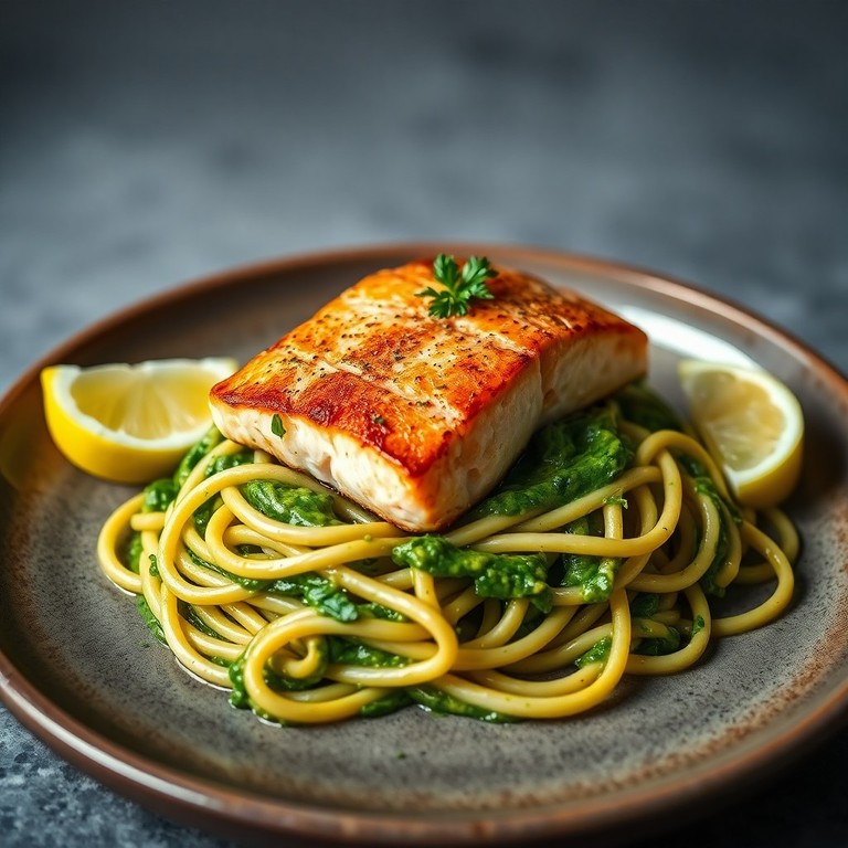 Cremiger Rahmspinat mit Knoblauch und Zitronenbutter-Lachs auf Tagliatelle