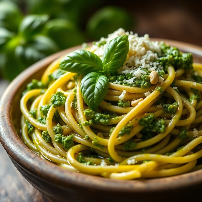 Klassische Italienische Spaghetti mit Basilikumpesto