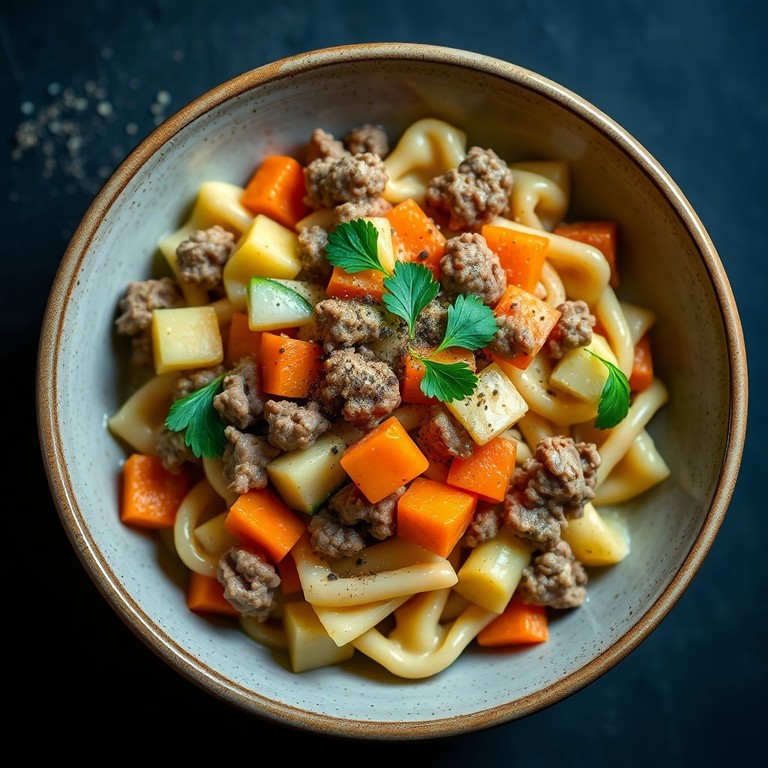 Pâtes Crémeuses aux Légumes Croquants et Steak Haché