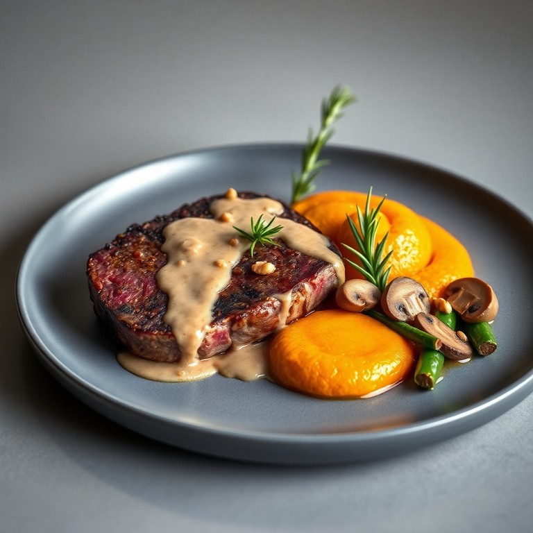 Filete de Res con Salsa Cremosa de Nuez y Romero, Puré de Zanahoria y Vegetales a la Mantequilla