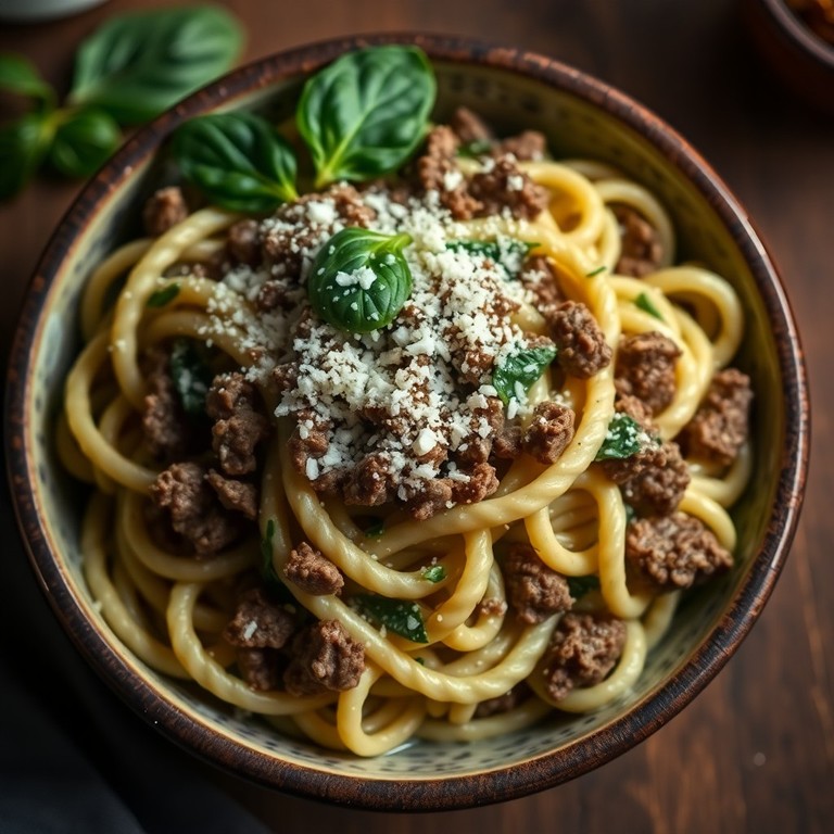 Pâtes Crémeuses aux Épinards et Steak Haché
