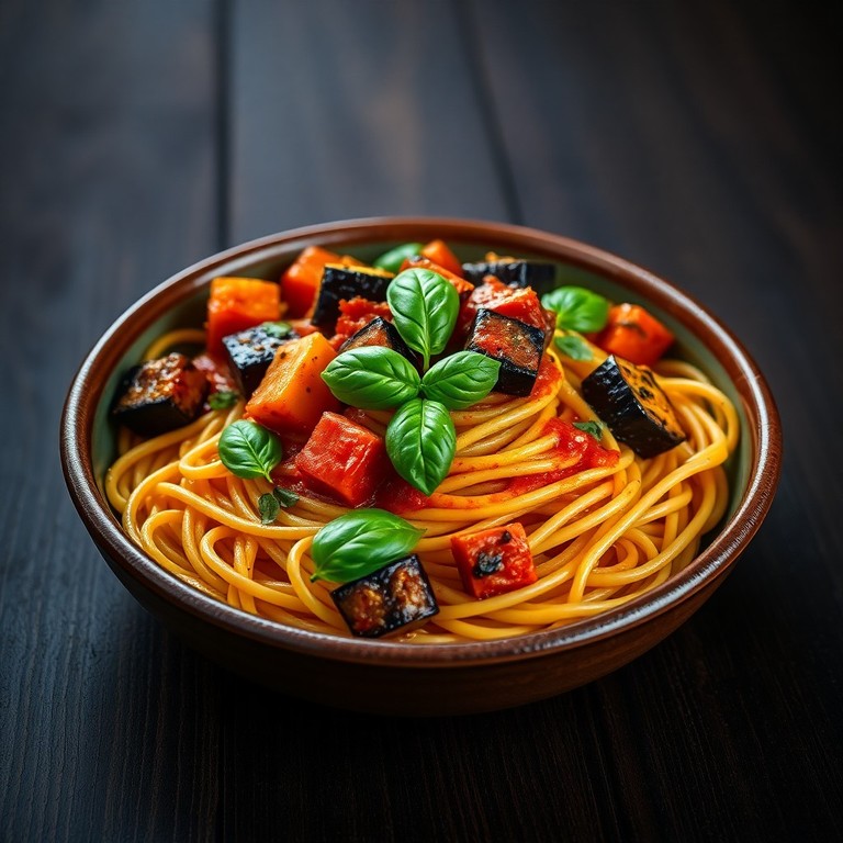 Pâtes sautées à l'aubergine et tomates épicées