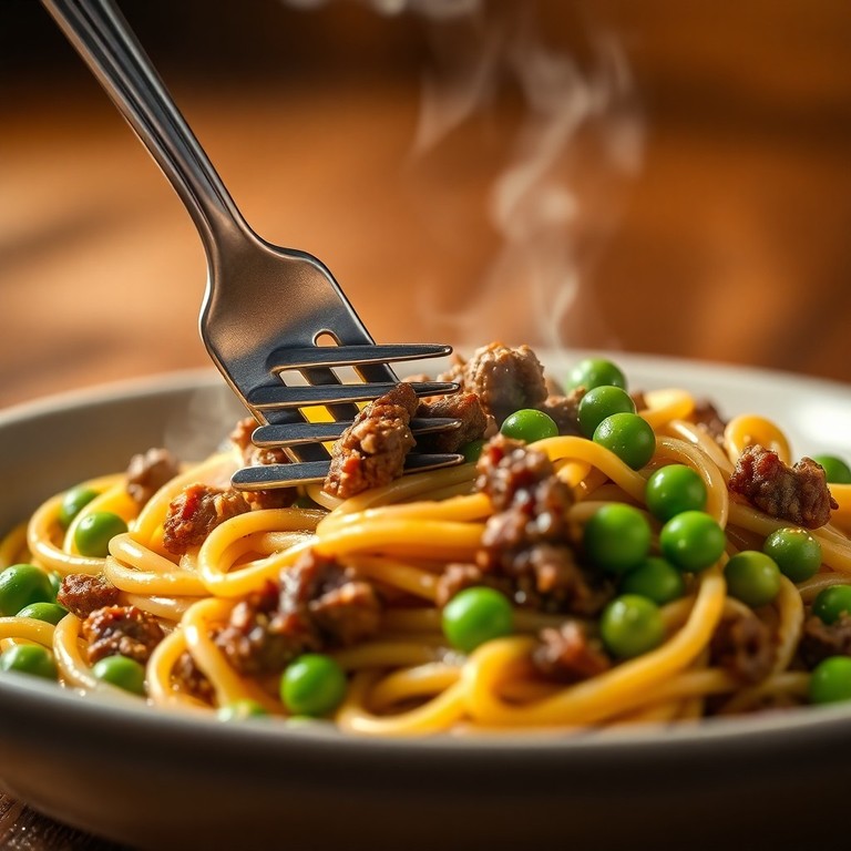 Petits Pois et Steak Haché Sautés, servis avec Spaghettis