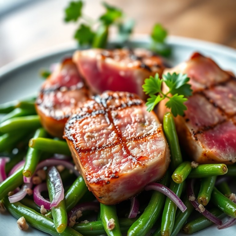 Haricots Verts Sautés à l'Ail avec Thon Croustillant