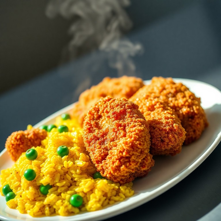 Poulet Épicé Croustillant à l'Air Fryer, Petits Pois et Riz Curry