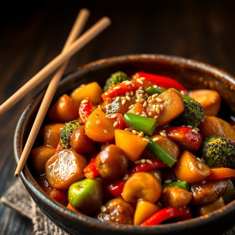 Vegetarische Esskastanien-Pfanne mit Gemüse und Sesam