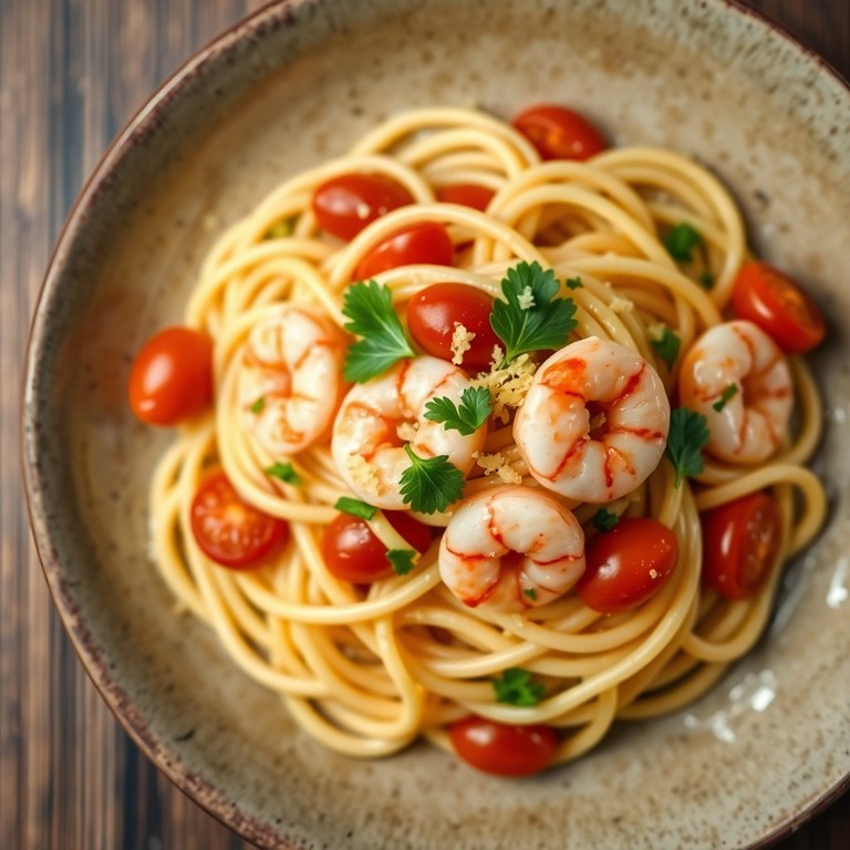 Spaghettoni con Gamberetti, Pomodorini Confit e Capperi Salati