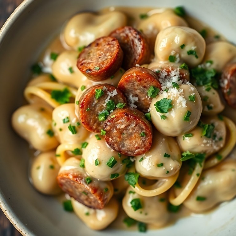 Cremige Gnocchi mit Parmesan, Kräuter-Frischkäse und herzhaften Würstchen (Ohne Brühe)