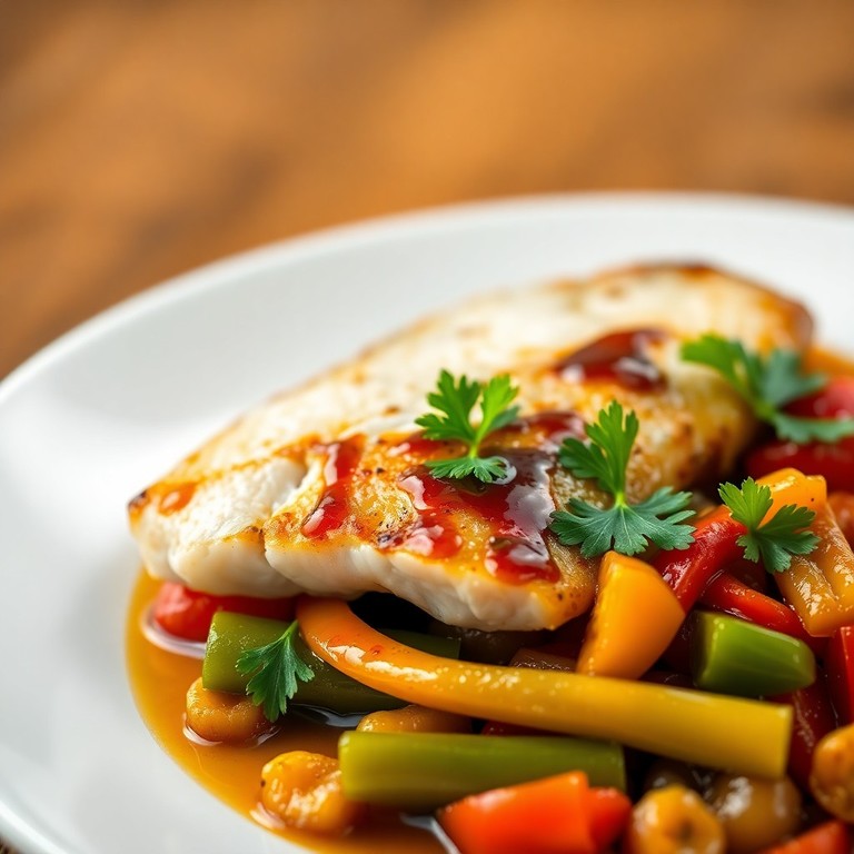 Merluza al Horno con Pimientos y Cebollas en Salsa de Soja