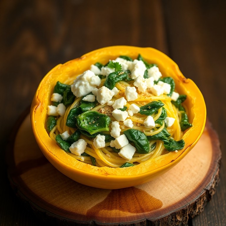 Cremiger Spaghettikürbis mit Feta und Knoblauch-Spinat