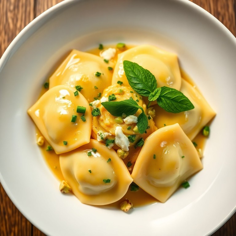 Ravioles Caseros de Pistacho y Burrata con Salsa de Mantequilla y Hierbas Frescas