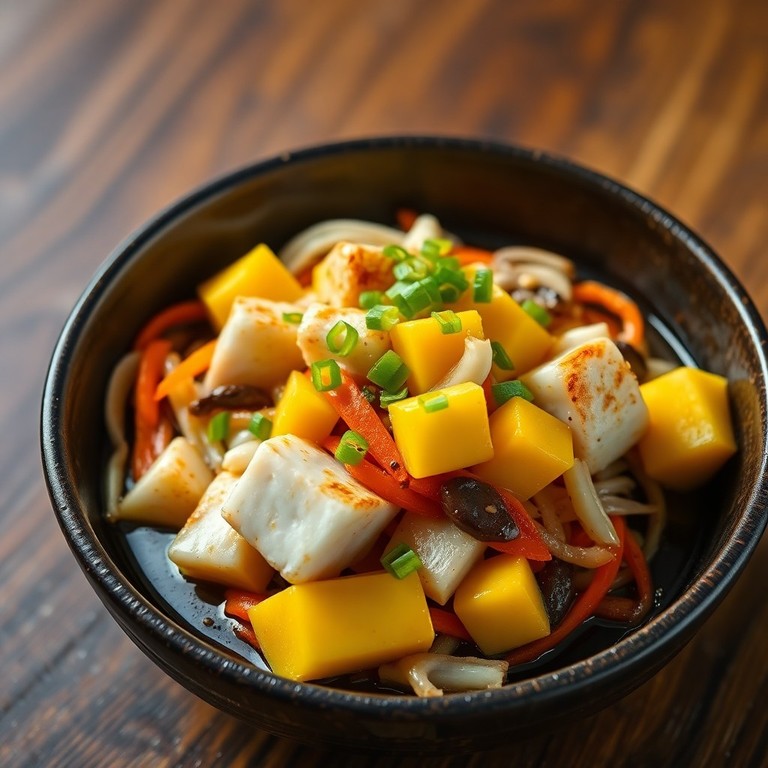 Salteado Rápido de Pescado Blanco con Fideos de Hongo y Mango