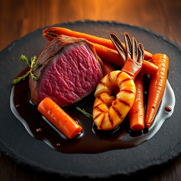 Gebratener Gamsrücken mit Riesengarnelen und Honig-Karotten