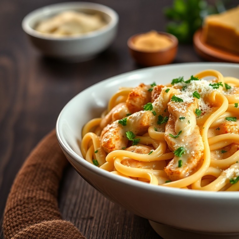 Klassische Chicken Alfredo Pasta mit extra viel Soße